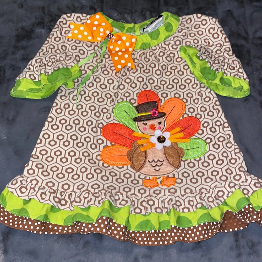 2T Rare Editions Thanksgiving Turkey 3D Mixed Multi Media Ruffled Dress